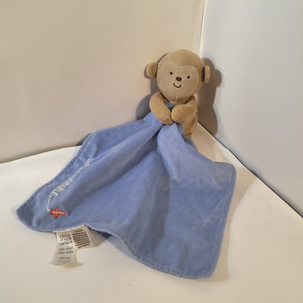 Carter's Blue Brown‎ Monkey Satin Blanket Plush 12" Stuffed Toy Lovey
